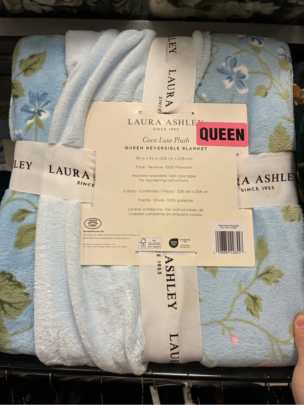 Laura Ashley Light Blue Floral Plush Queen Reversible Blanket